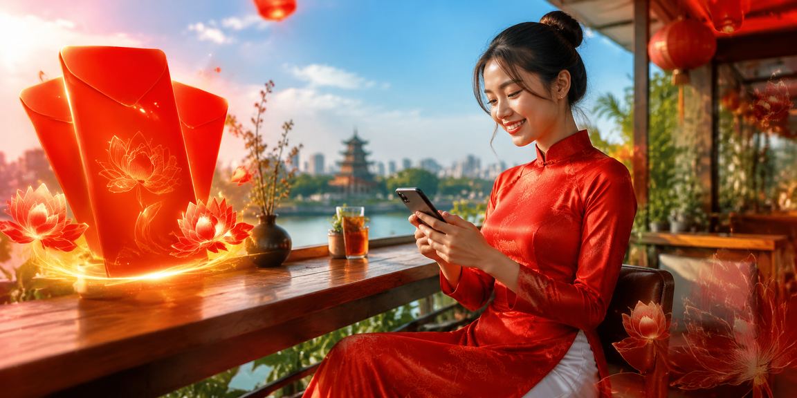 Phong bì đỏ may mắn và trang phục áo dài truyền thống tại Hà Nội biểu trưng cho tiền thưởng 7420